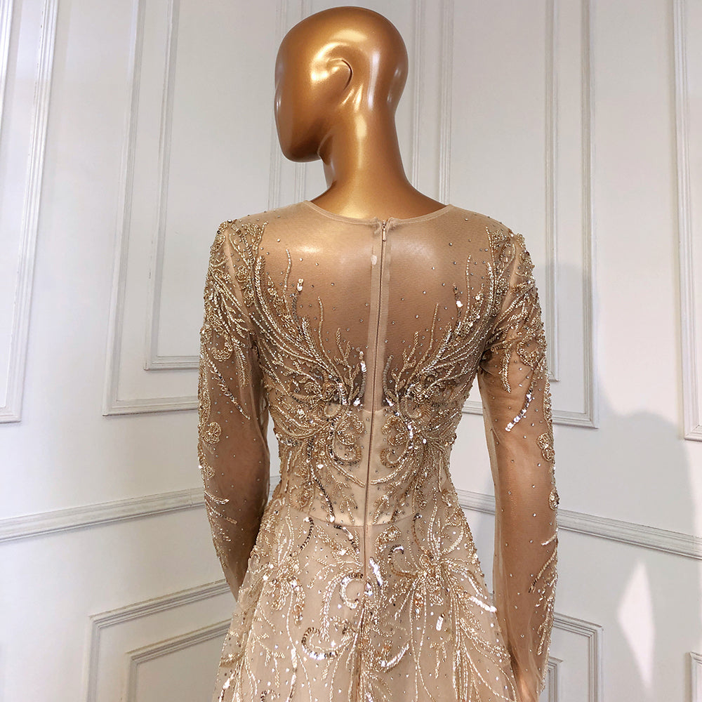 Muslim Luxury Gold Evening Dresses Gowns 2025 Beaded Sparkle A-Line For Women Party LA71605