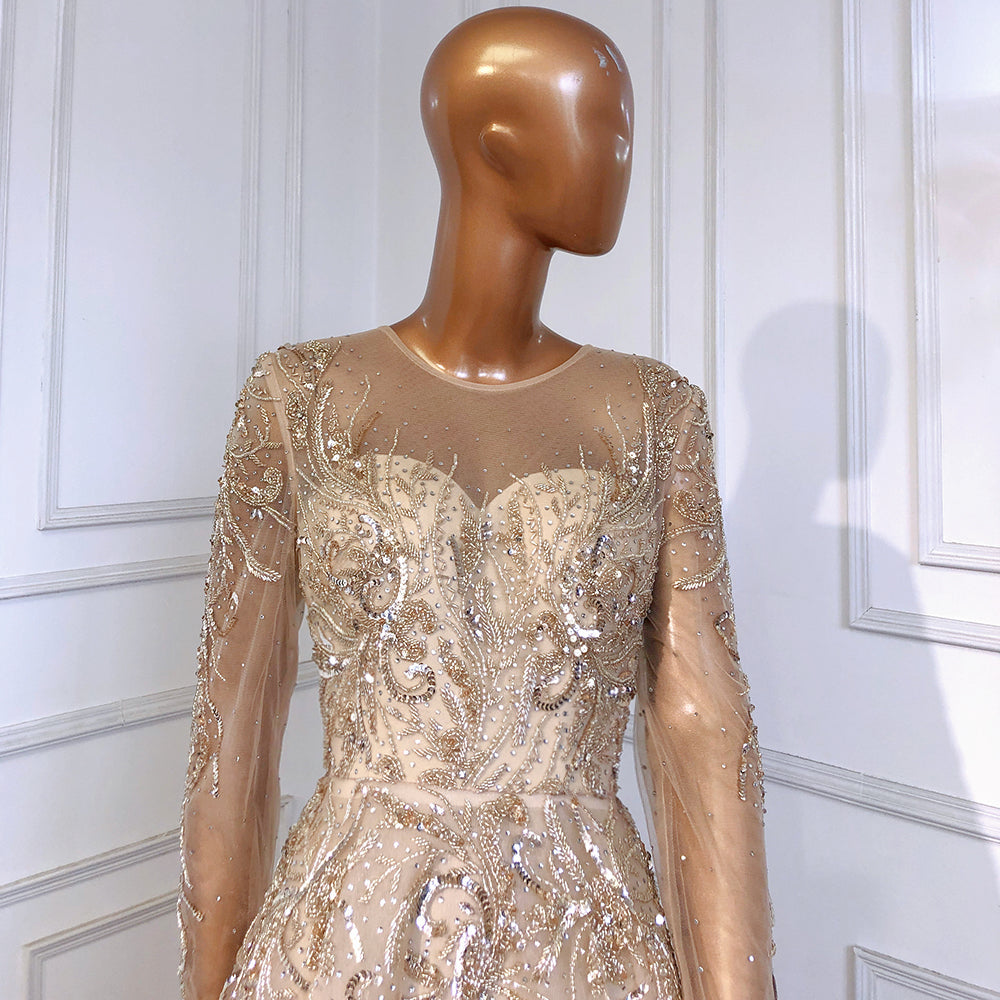 Muslim Luxury Gold Evening Dresses Gowns 2025 Beaded Sparkle A-Line For Women Party LA71605