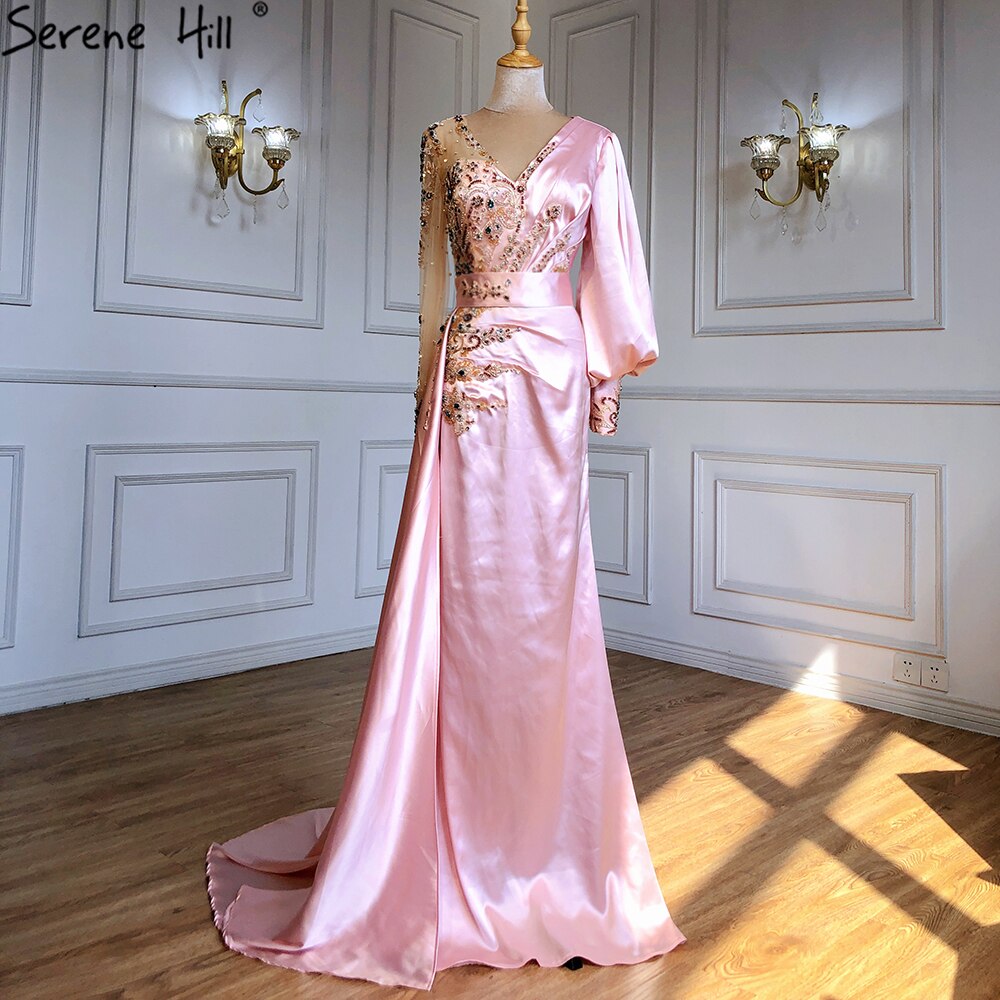 Muslim Mermaid Peach Satin Elegant Beaded V Neck With Skirt Evening Dresses Gowns 2025 For Women Party LA71344