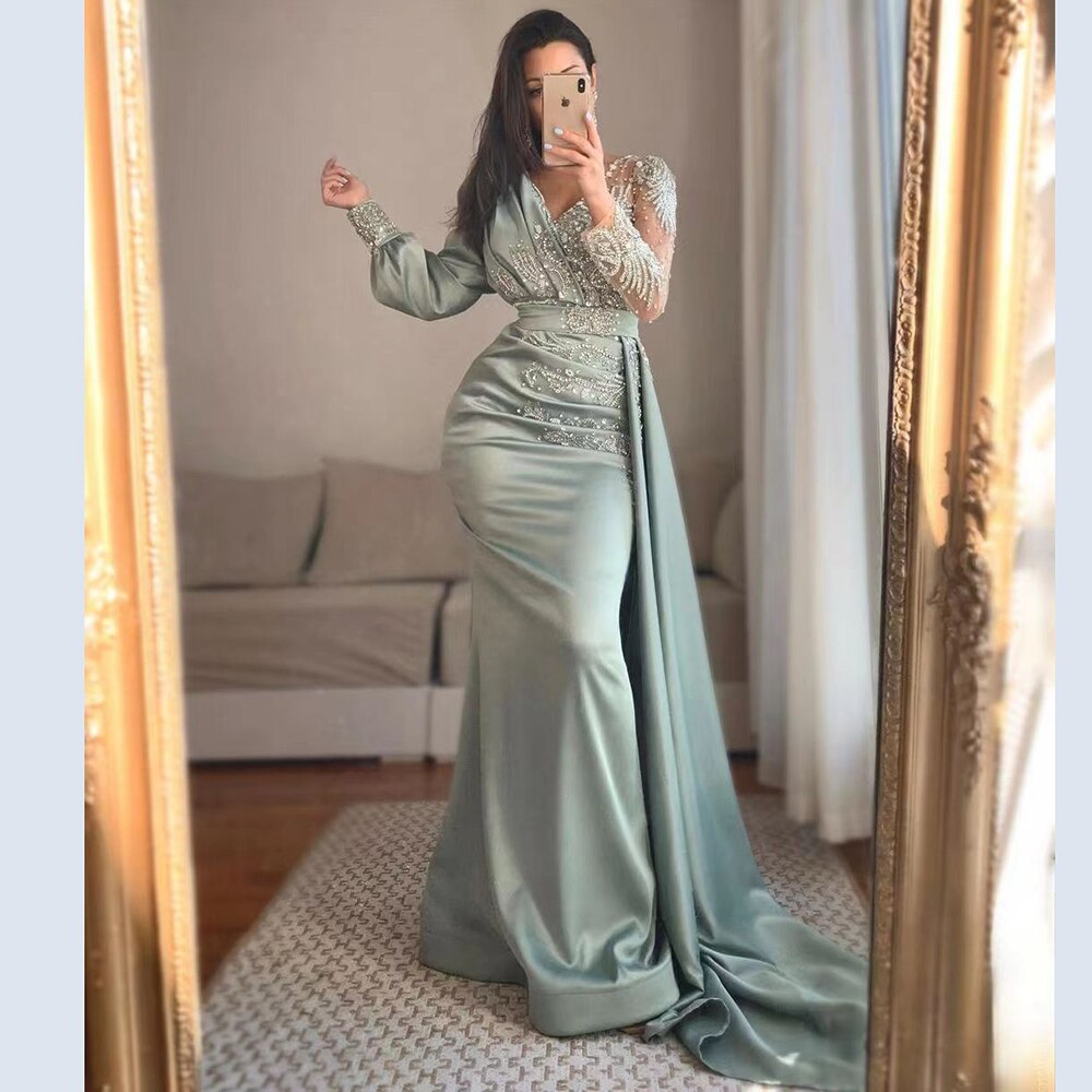 Muslim Mermaid Peach Satin Elegant Beaded V Neck With Skirt Evening Dresses Gowns 2025 For Women Party LA71344