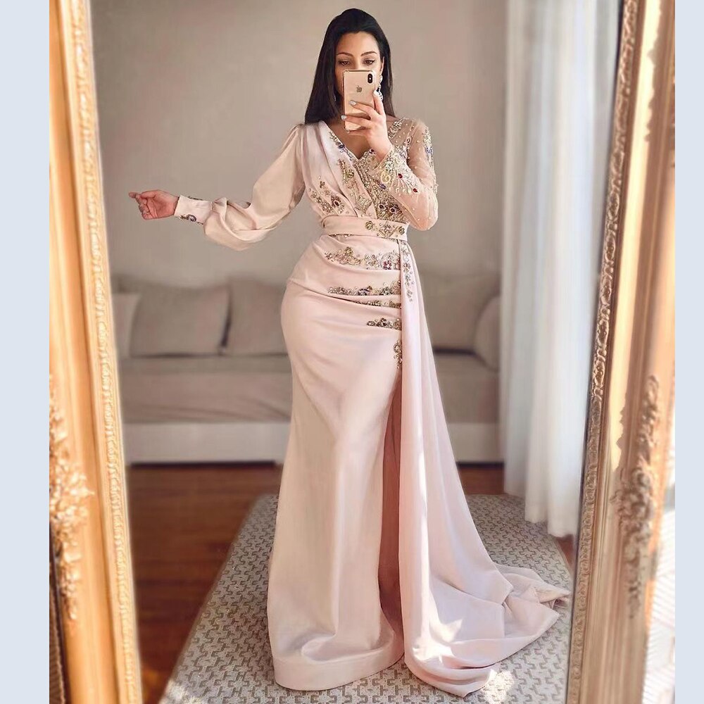 Muslim Mermaid Peach Satin Elegant Beaded V Neck With Skirt Evening Dresses Gowns 2025 For Women Party LA71344