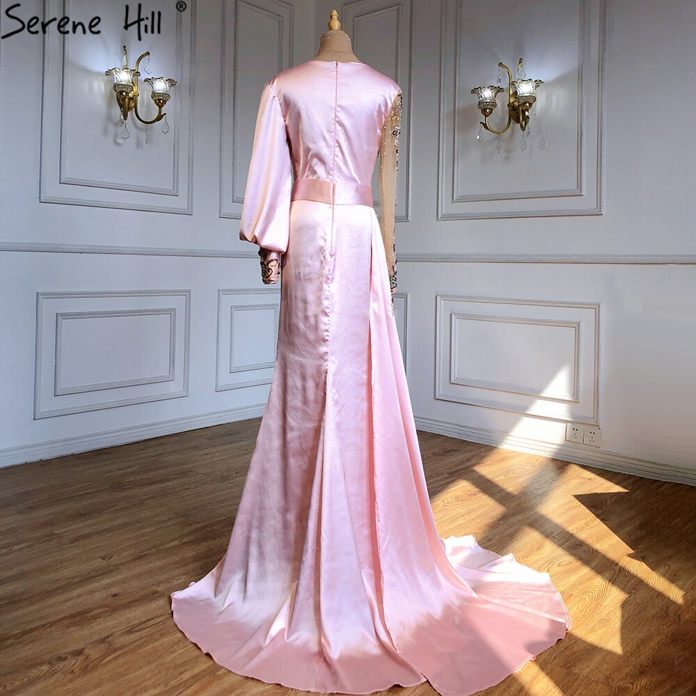 Muslim Mermaid Peach Satin Elegant Beaded V Neck With Skirt Evening Dresses Gowns 2025 For Women Party LA71344