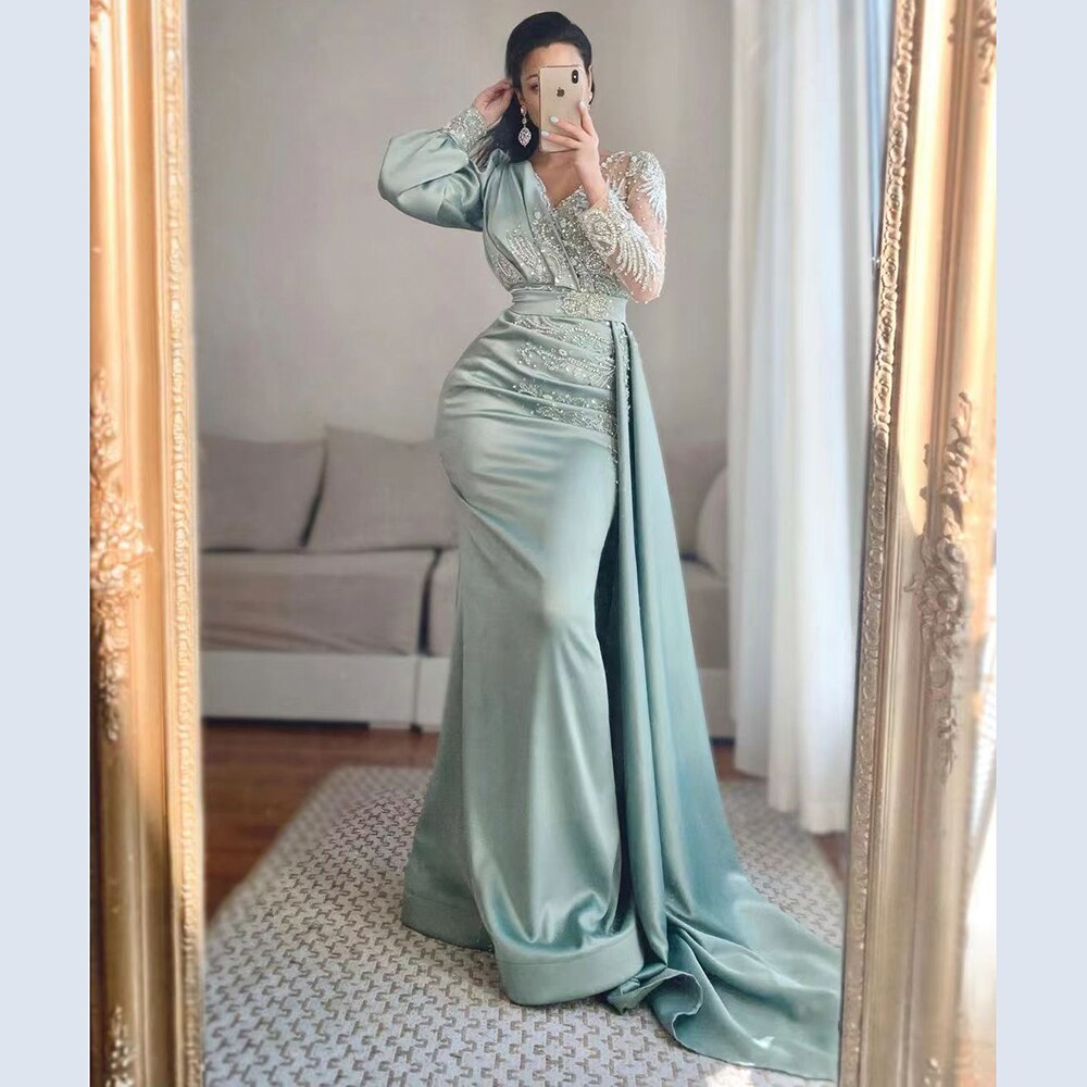 Muslim Mermaid Peach Satin Elegant Beaded V Neck With Skirt Evening Dresses Gowns 2025 For Women Party LA71344