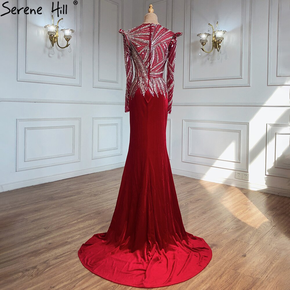 Muslim Mermaid Wine Red Evening Dresses Gowns 2025 Beaded Elegant Satin For Women Party LA71449