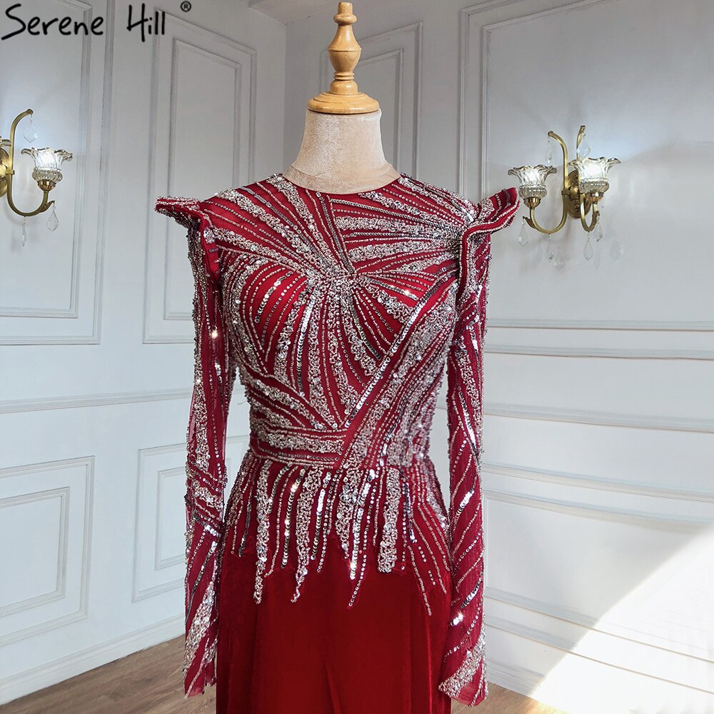 Muslim Mermaid Wine Red Evening Dresses Gowns 2025 Beaded Elegant Satin For Women Party LA71449