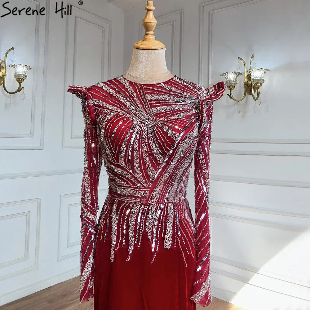 Muslim Mermaid Wine Red Evening Dresses Gowns 2025 Beaded Elegant Velour For Women Party LA71449