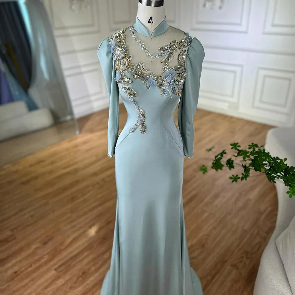 Muslim Mint Mermaid Beaded Satin Evening Dress Gown with Corset for Formal Occasion LA72797C 2025