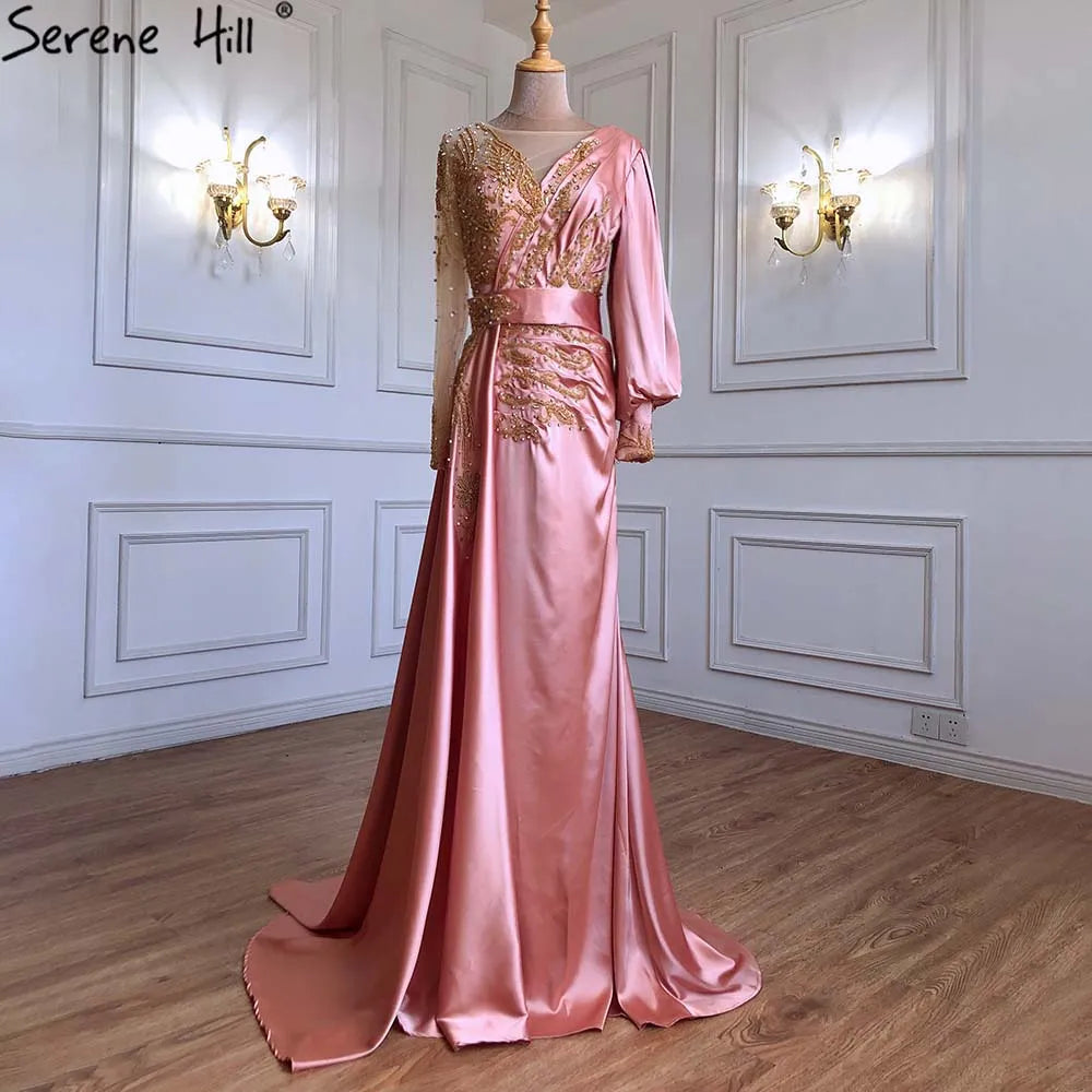Muslim Mint Mermaid Elegant Beaded Satin Overskirt Evening Dresses Gowns Plus Size 2025 For Women Party LA71278