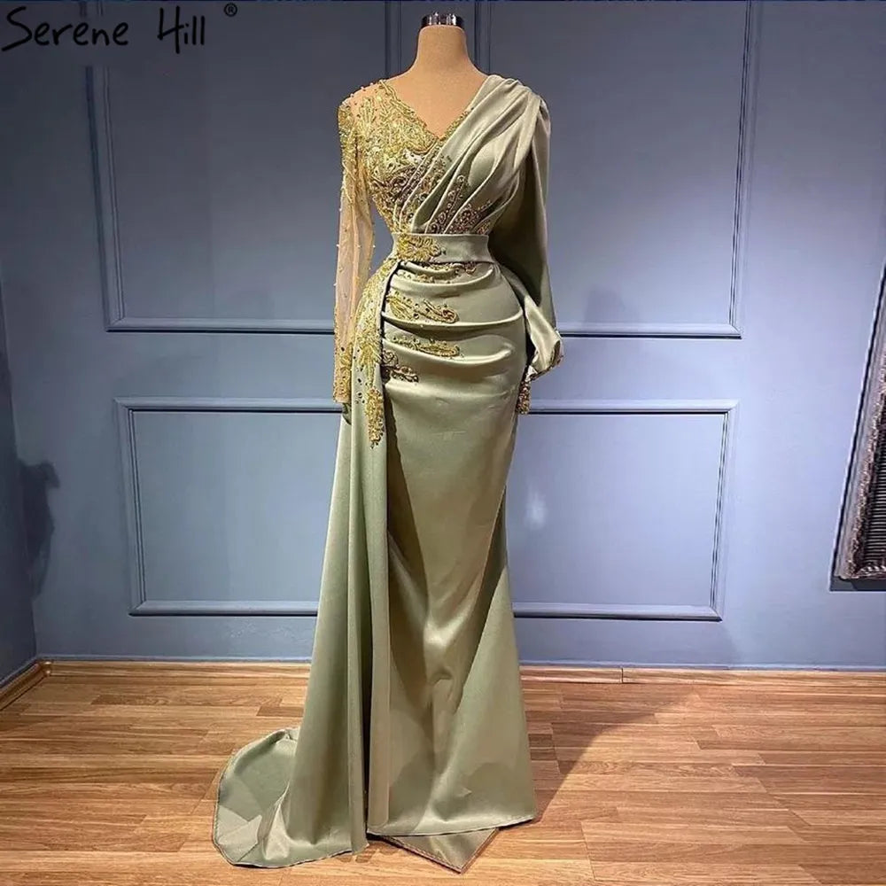 Muslim Mint Mermaid Elegant Beaded Satin Overskirt Evening Dresses Gowns Plus Size 2025 For Women Party LA71278