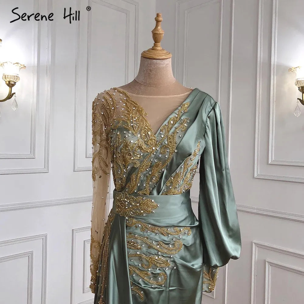 Muslim Mint Mermaid Elegant Beaded Satin Overskirt Evening Dresses Gowns Plus Size 2025 For Women Party LA71278