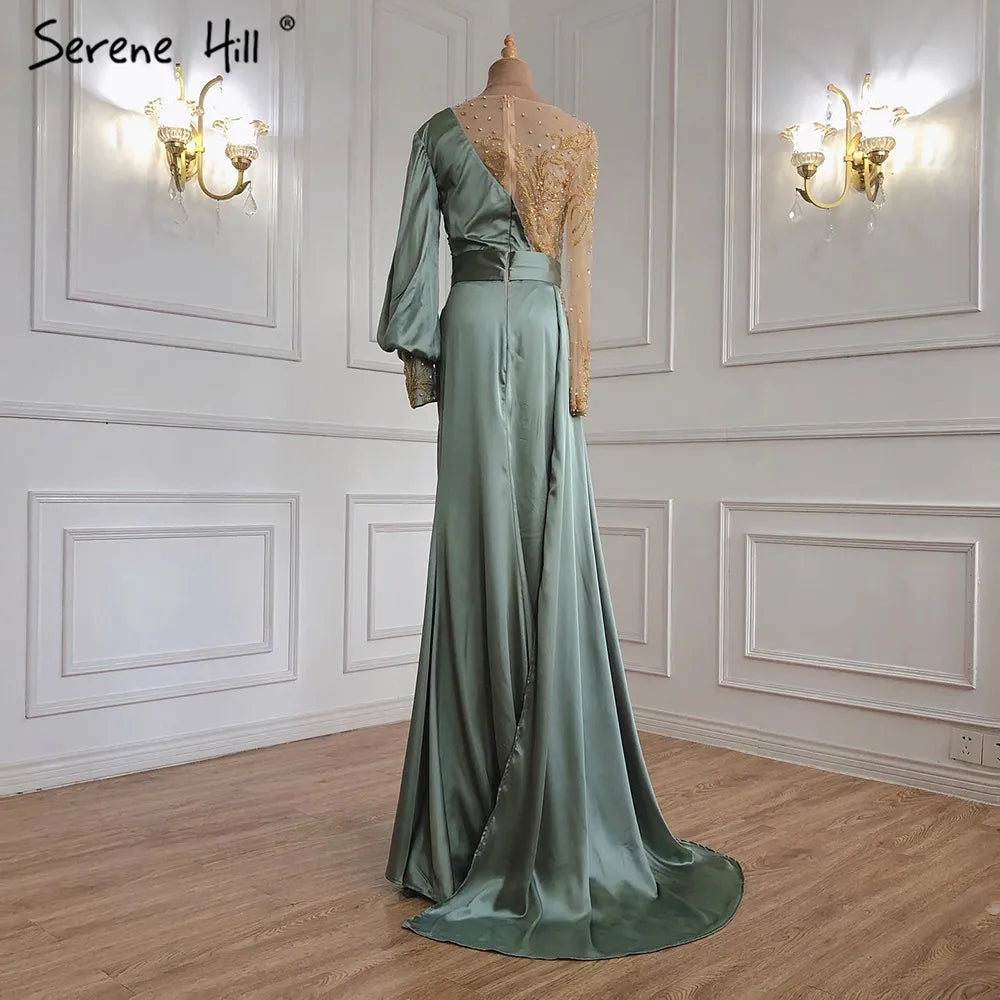 Muslim Mint Mermaid Elegant Beaded Satin Overskirt Evening Dresses Gowns Plus Size 2025 For Women Party LA71278