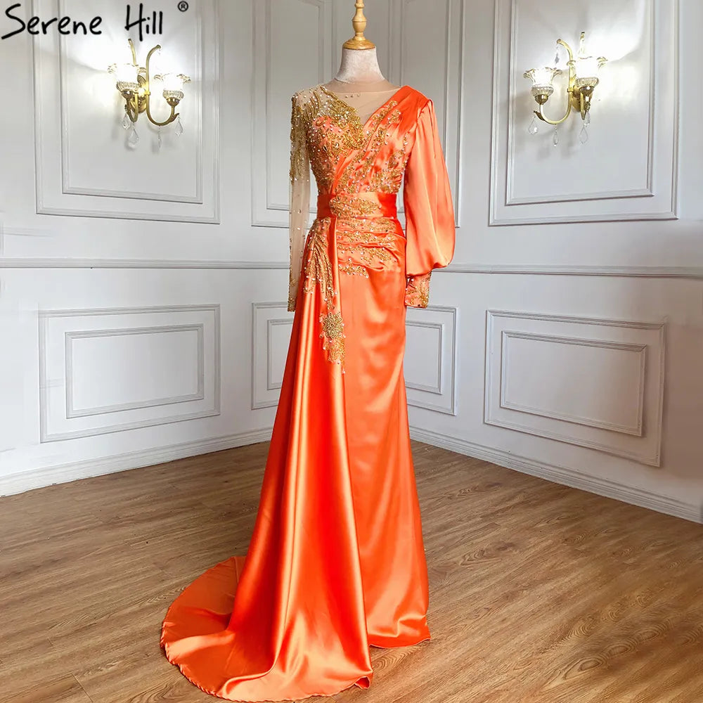 Muslim Mint Mermaid Elegant Beaded Satin Overskirt Evening Dresses Gowns Plus Size 2025 For Women Party LA71278