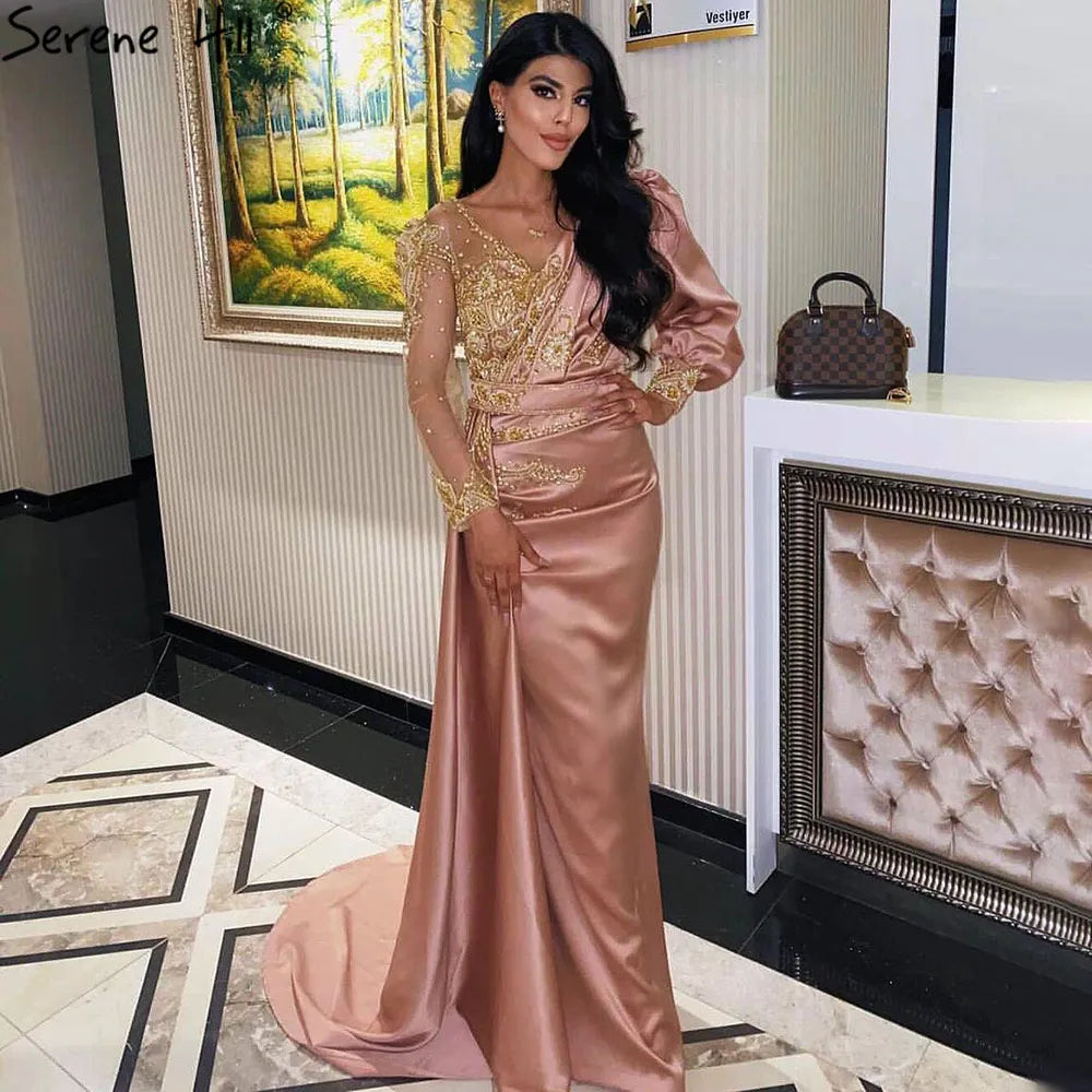 Muslim Mint Mermaid Elegant Beaded Satin Overskirt Evening Dresses Gowns Plus Size 2025 For Women Party LA71278