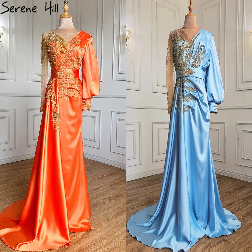 Muslim Mint Mermaid Elegant Beaded Satin Overskirt Evening Dresses Gowns Plus Size 2025 For Women Party LA71278