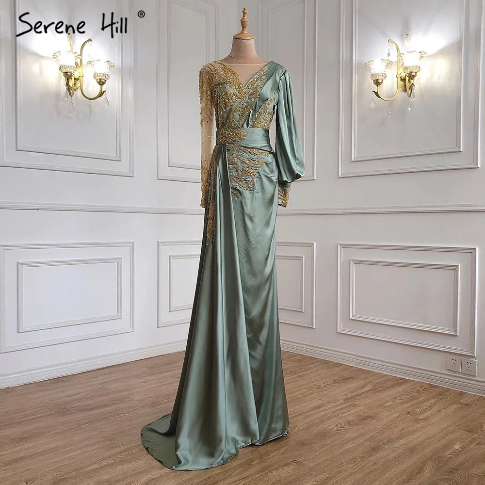 Muslim Mint Mermaid Elegant Beaded Satin Overskirt Evening Dresses Gowns Plus Size 2025 For Women Party LA71278