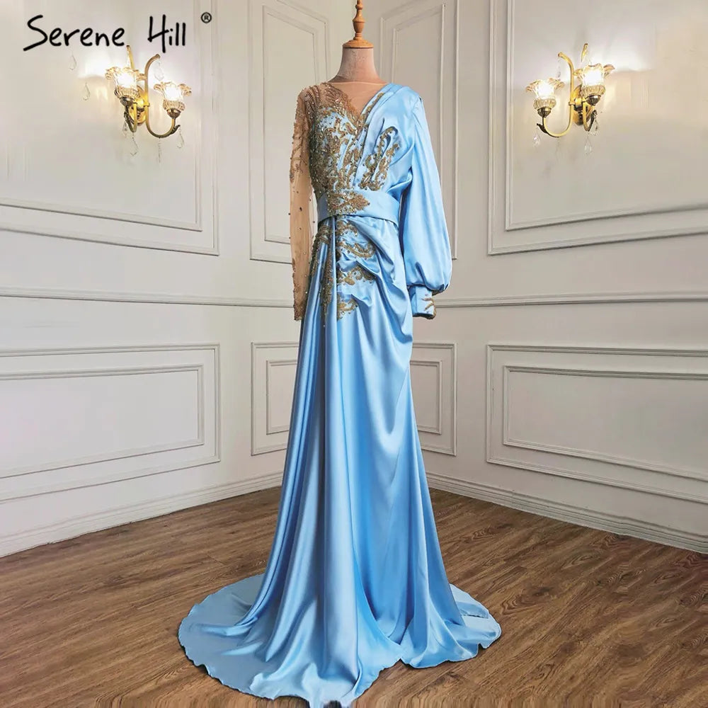 Muslim Mint Mermaid Elegant Beaded Satin Overskirt Evening Dresses Gowns Plus Size 2025 For Women Party LA71278