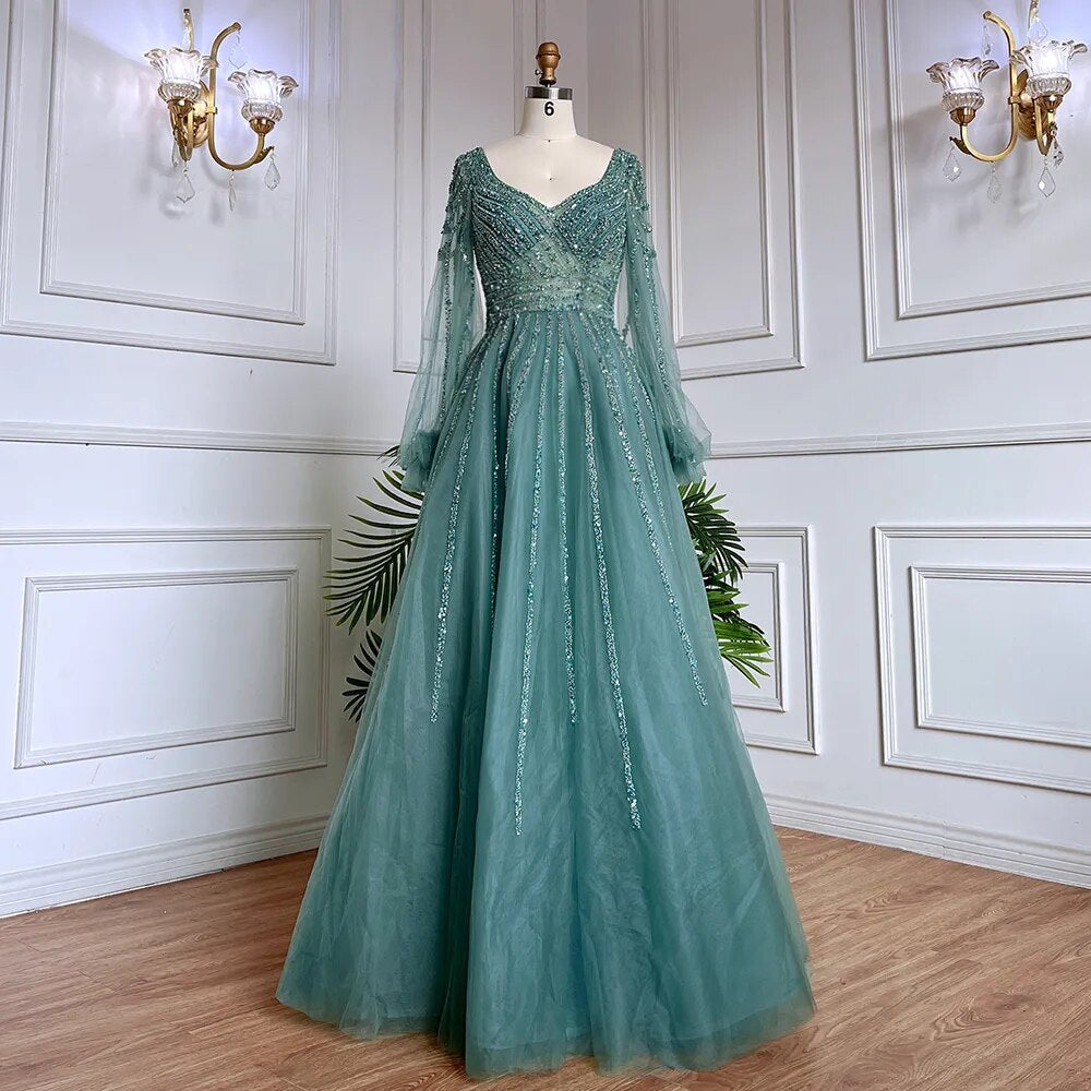 Muslim Navy Blue A-Line Beaded Luxury Arabic Evening Dresses Gowns 2025 For Women Wedding Party LA71867