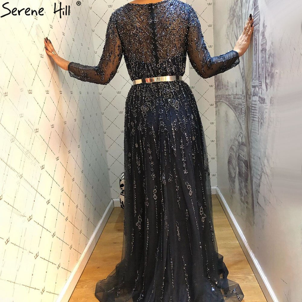 Muslim Navy Blue Luxury Evening Dresses Gowns 2025 A-Line Beaded Crystal For Women Party LA71145