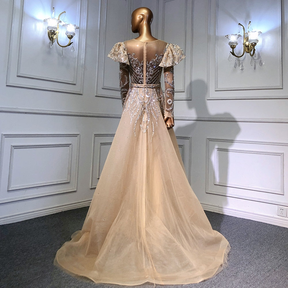 Muslim Nude Balloon Sleeves Beaded Mermaid Evening Dresses Gowns 2025 Luxury With Overskirt For Woman Party LA71352