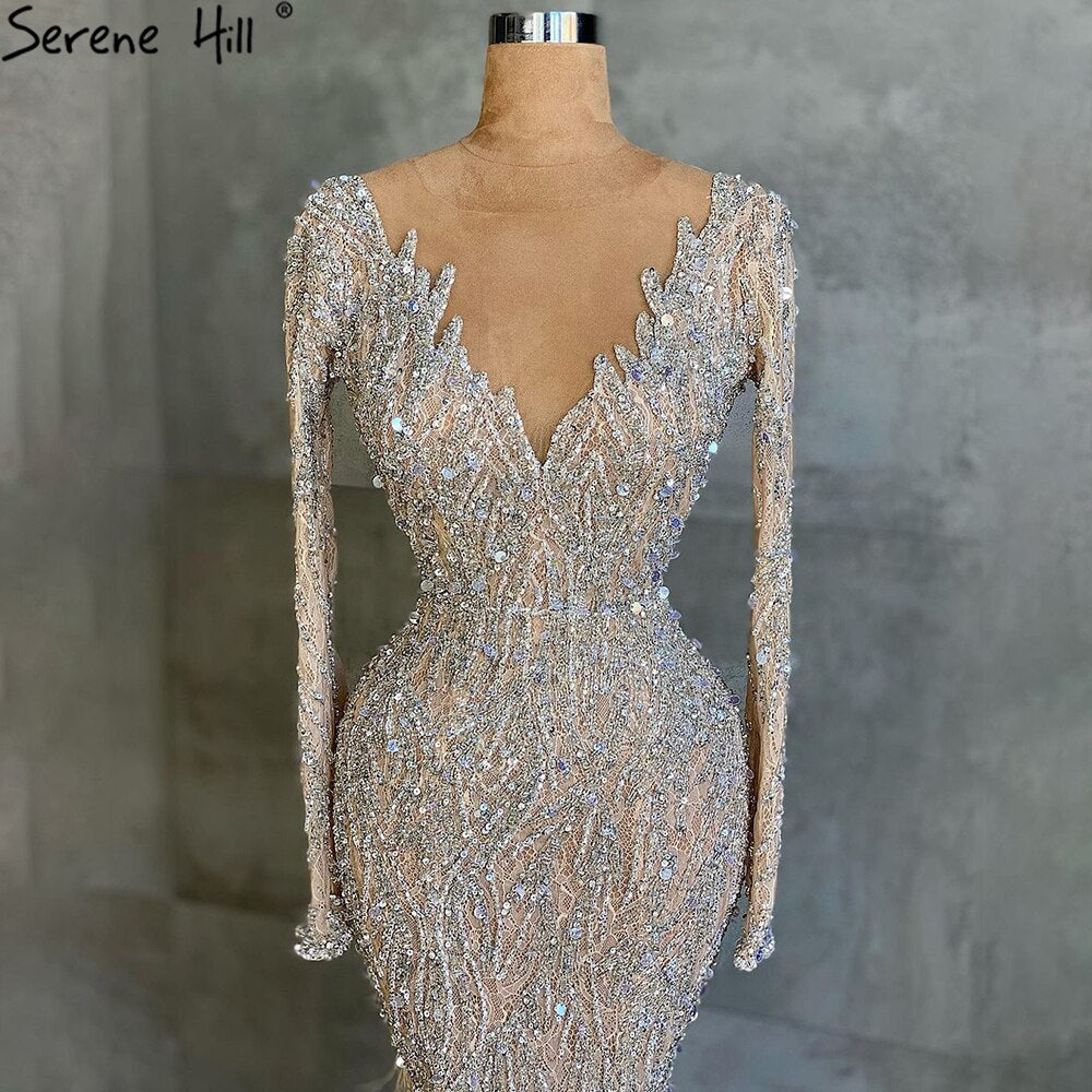 Muslim Nude Meramid Luxury Evening Dresses Gowns Beaded Feathers Elegant 2025 For Women Party LA71093