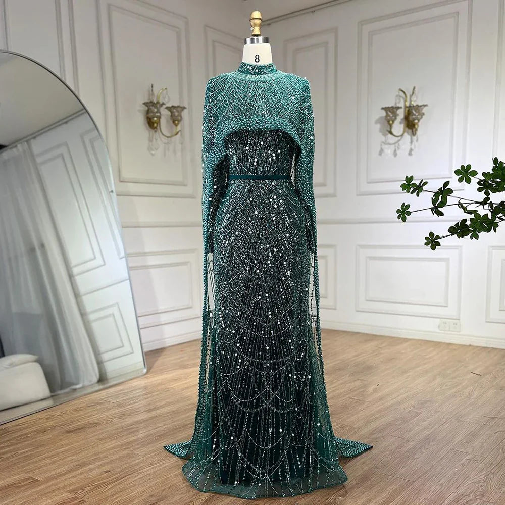 Luxus Muslim Cape Dubai Arabia Abendkleider Nude Mermaid Kleider für Party LA72032m