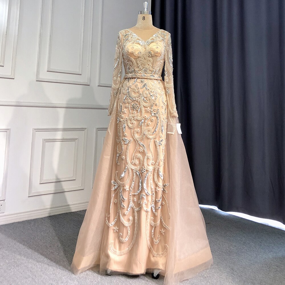 Muslim Nude Silver Overskirt Evening Dresses Gowns 2025 Mermaid Beaded Luxury Elegant For Woman Party LA71353