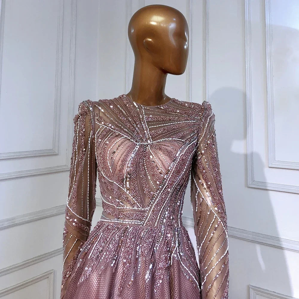 Muslim Pink A-Line Beaded Luxury Evening Dresses Gowns 2025 For Women Wedding Party LA71290A