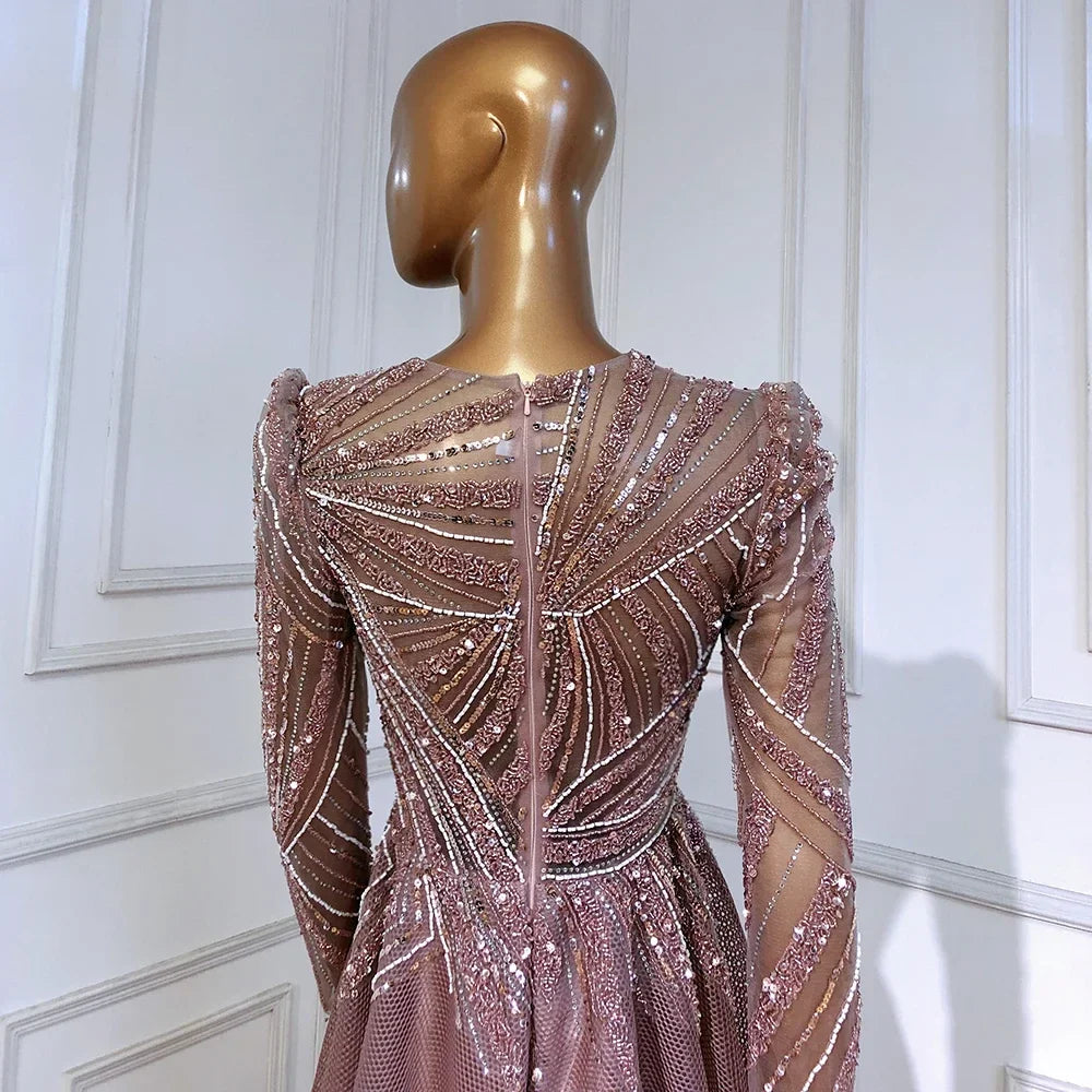 Muslim Pink A-Line Beaded Luxury Evening Dresses Gowns 2025 For Women Wedding Party LA71290A
