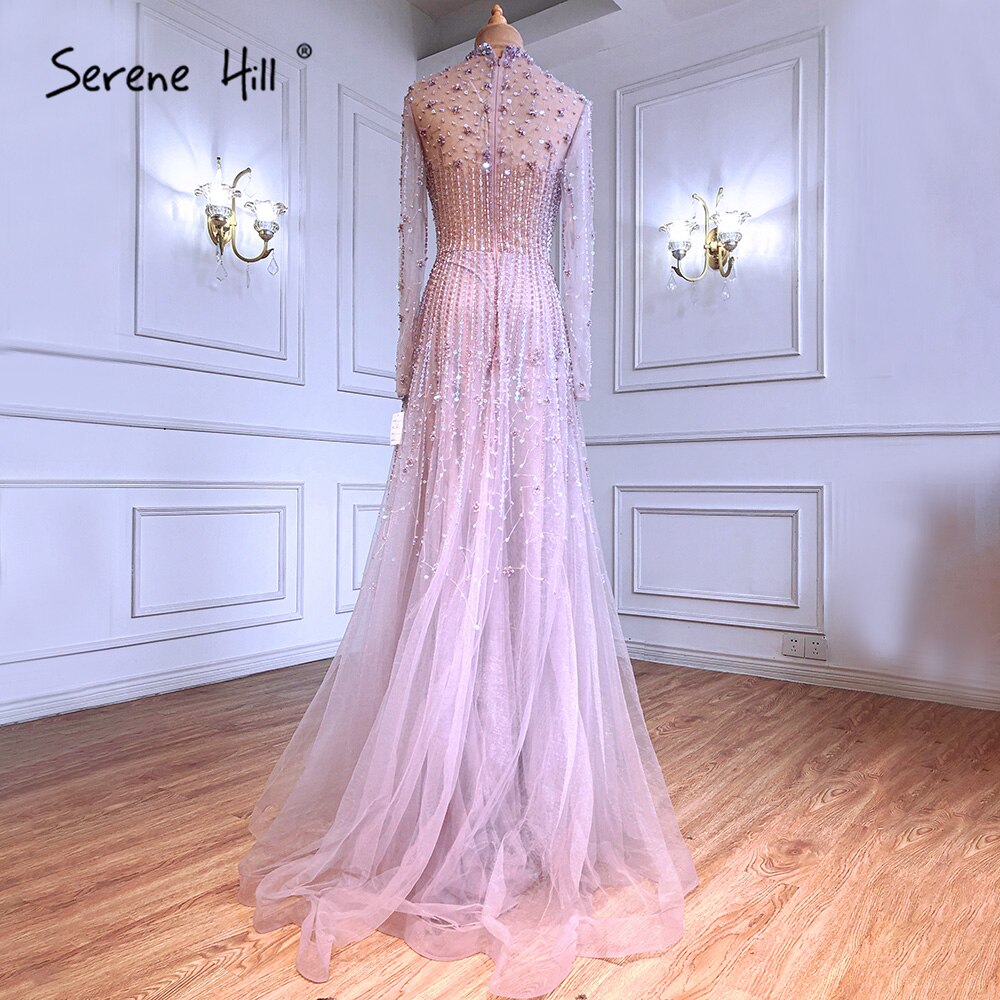 Muslim Pink A-Line Evening Dresses Gowns 2025 Luxury Beaded Crystal For Women Party LA71227A