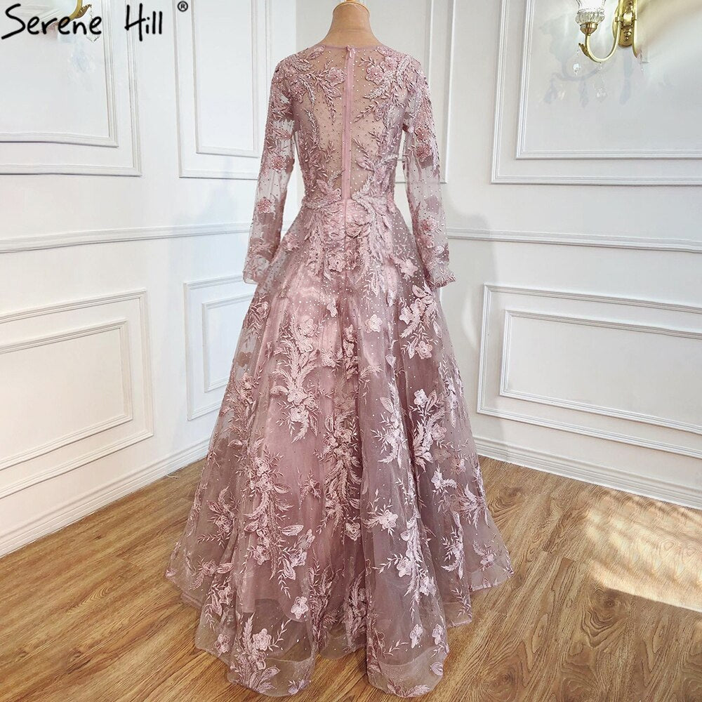 Muslim Pink Beaded Lace A-Line Luxury Long Crystal Evening Dresses Formal Gowns For Women Party 2025 LA70708