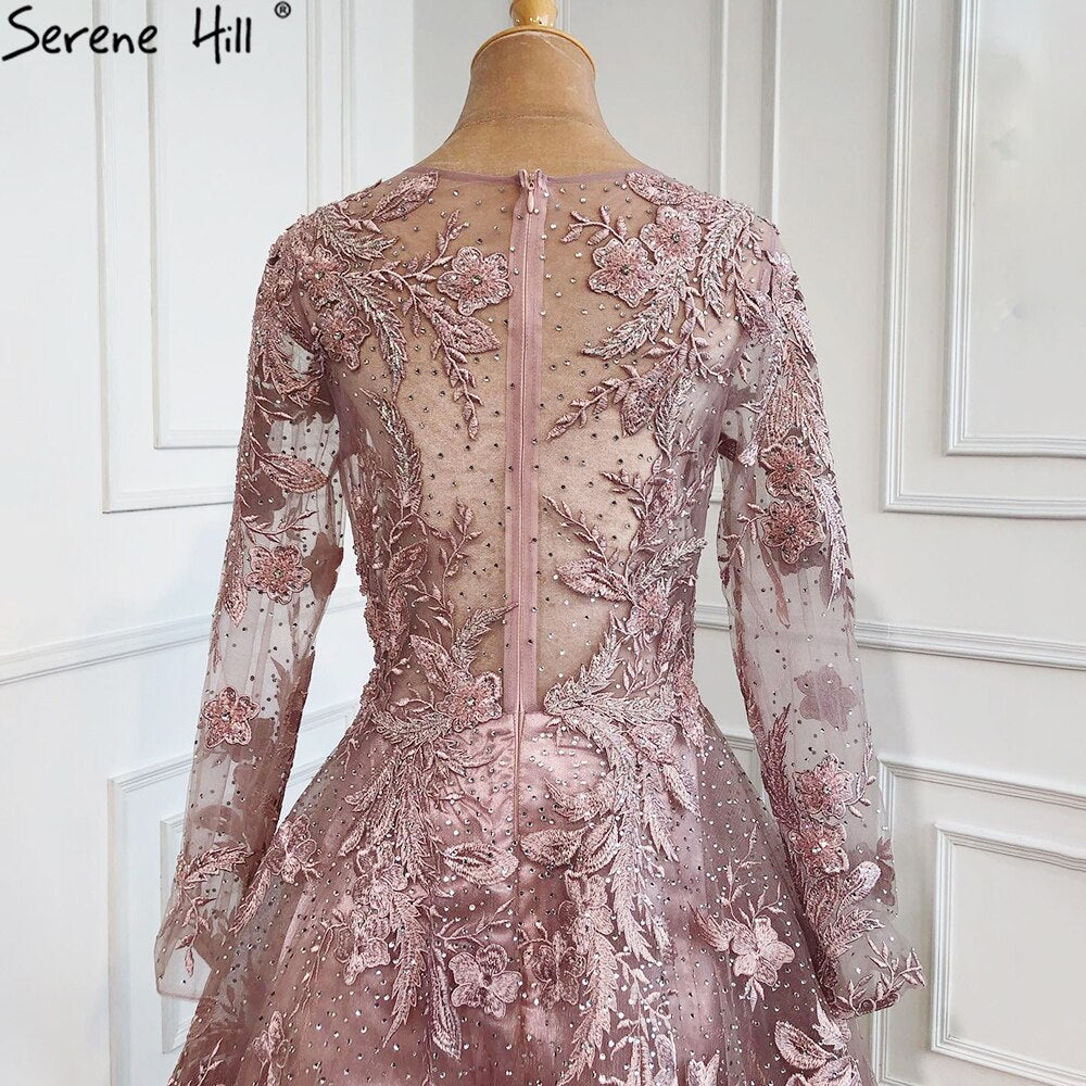 Muslim Pink Beaded Lace A-Line Luxury Long Crystal Evening Dresses Formal Gowns For Women Party 2025 LA70708