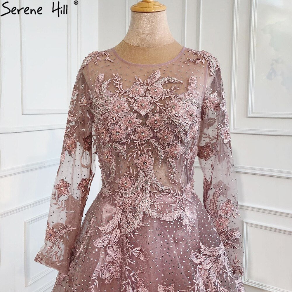 Muslim Pink Beaded Lace A-Line Luxury Long Crystal Evening Dresses Formal Gowns For Women Party 2025 LA70708