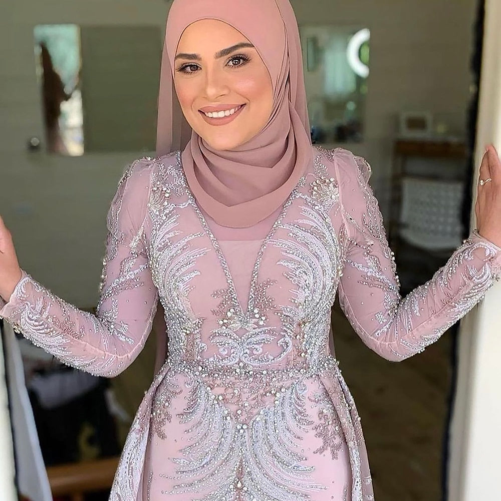 Muslim Pink Elegant Mermaid Overskirt Luxury Beaded Evening Dresses Gowns 2025 For Woman Party LA71572
