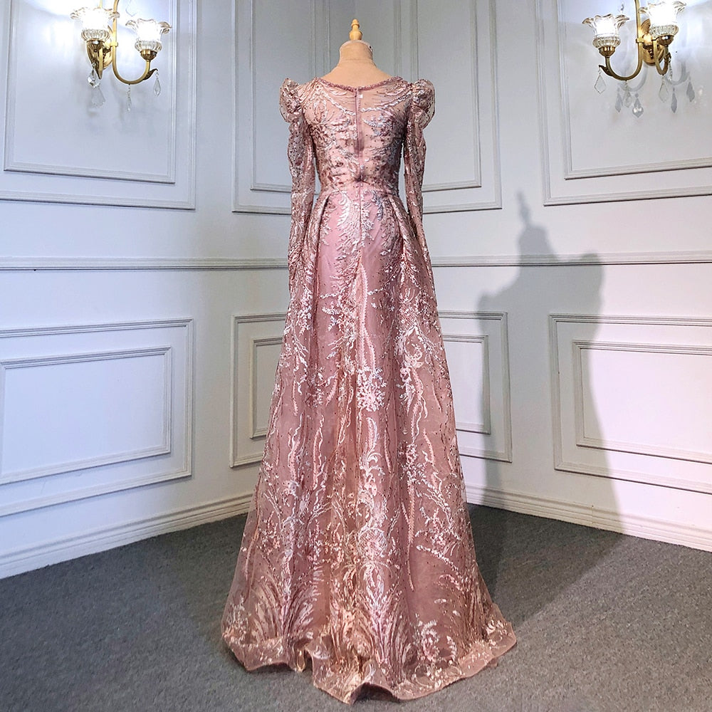 Muslim Pink Elegant Mermaid Overskirt Luxury Beaded Evening Dresses Gowns 2025 For Woman Party LA71572