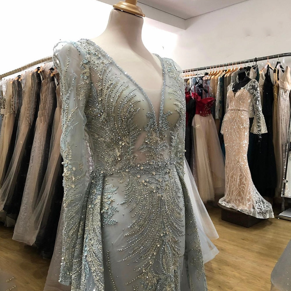 Muslim Pink Elegant Mermaid Overskirt Luxury Beaded Evening Dresses Gowns 2025 For Woman Party LA71572