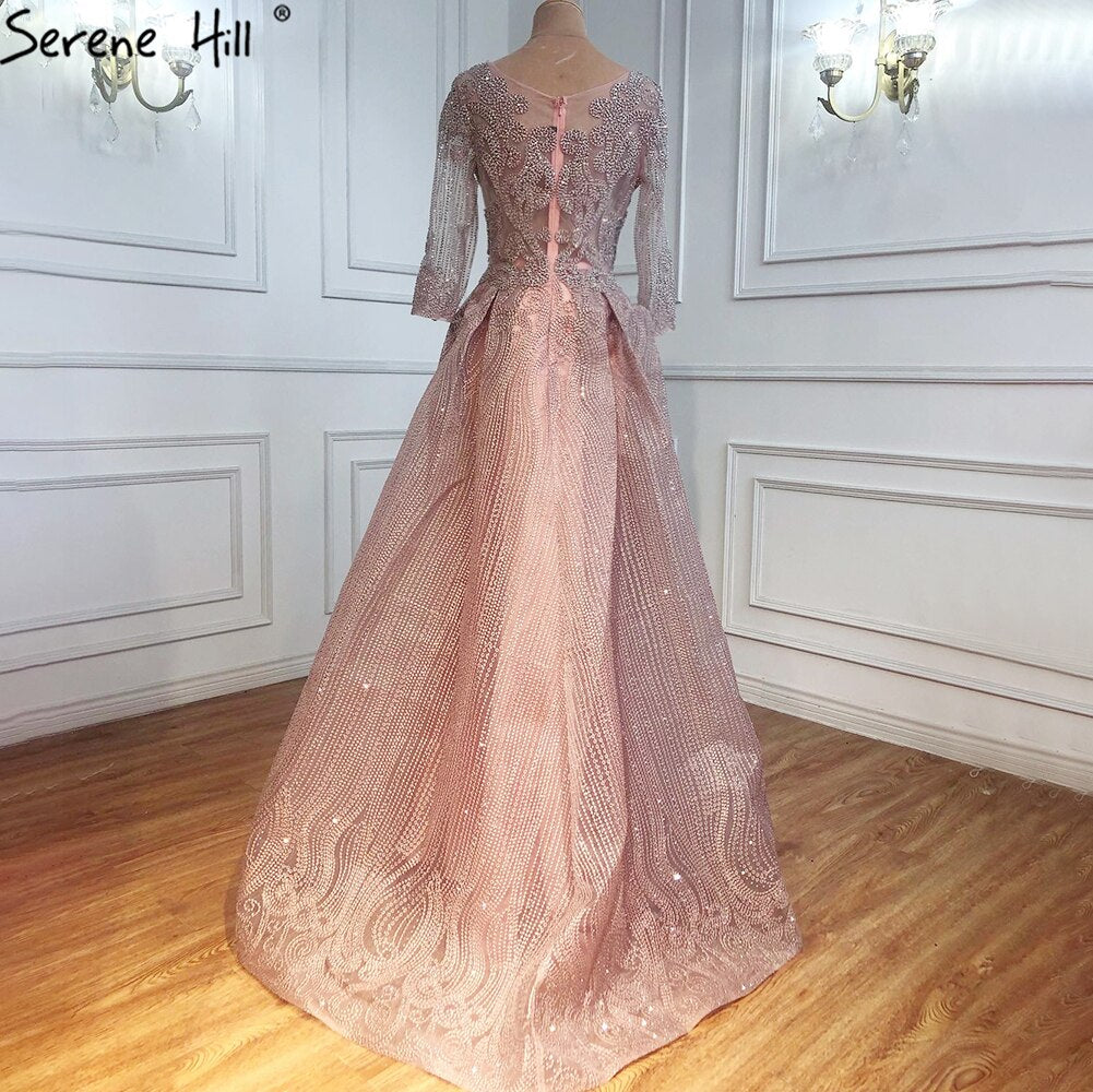 Muslim Pink Lace Beaded Plus Size Crystal Evening Dresses Gowns 2025 A-Line Luxury For Woman Party LA70773A