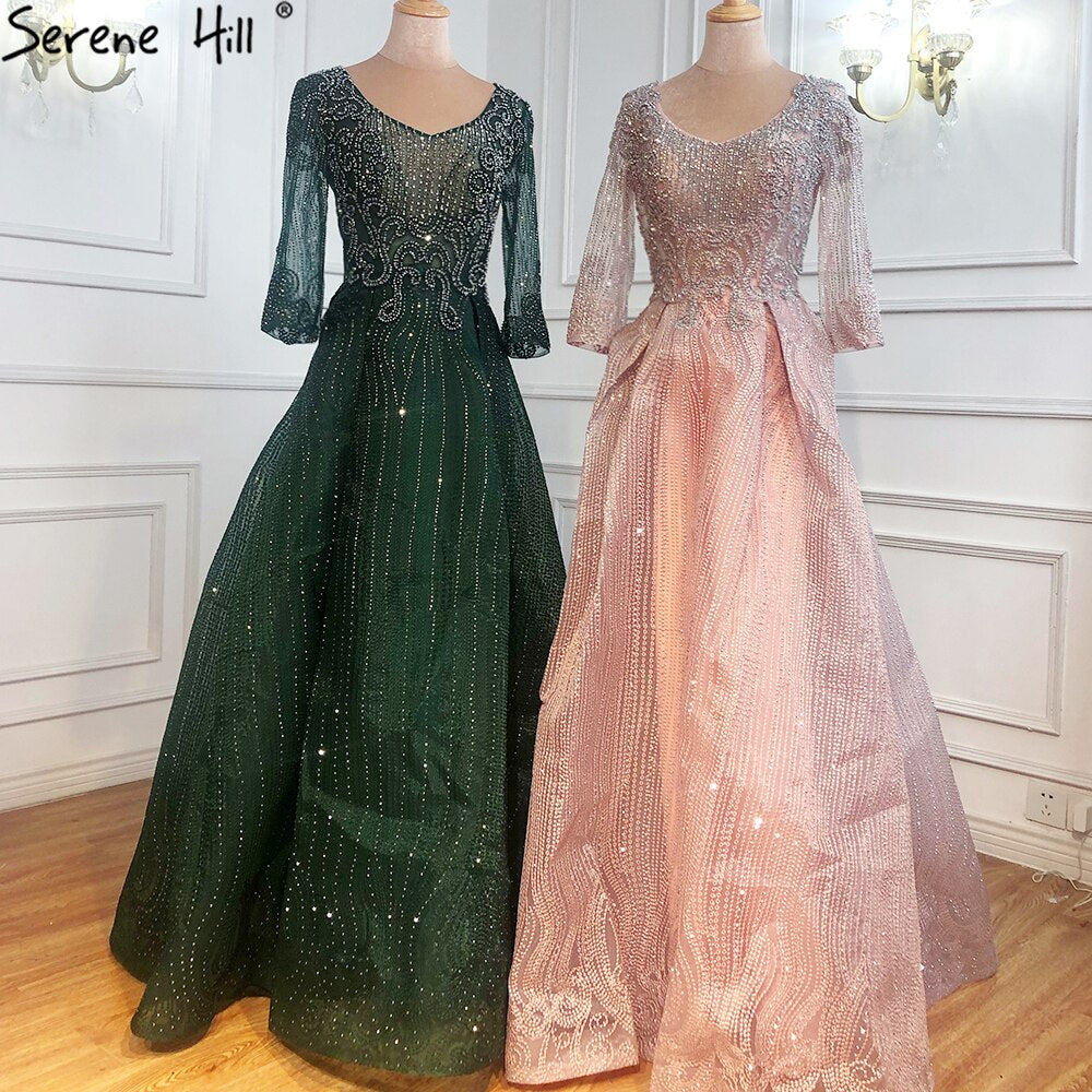 Muslim Pink Lace Beaded Plus Size Crystal Evening Dresses Gowns 2025 A-Line Luxury For Woman Party LA70773A