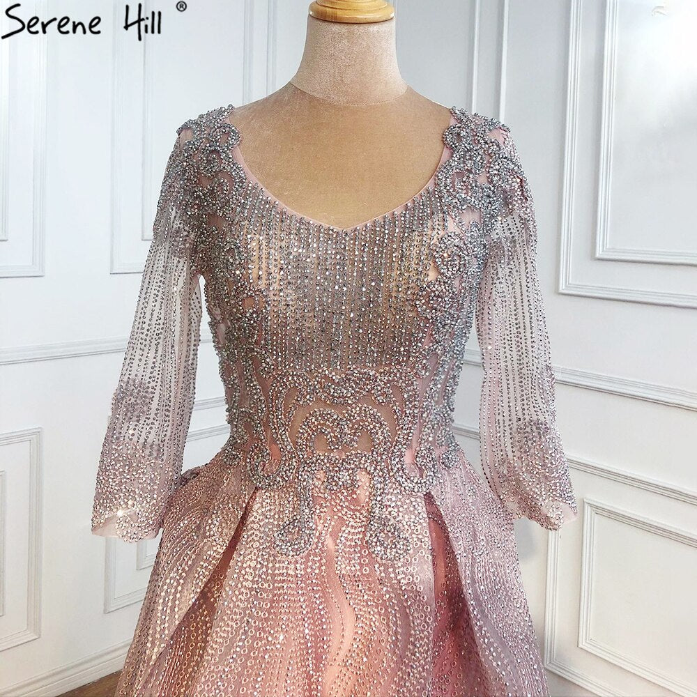 Muslim Pink Lace Beaded Plus Size Crystal Evening Dresses Gowns 2025 A-Line Luxury For Woman Party LA70773A