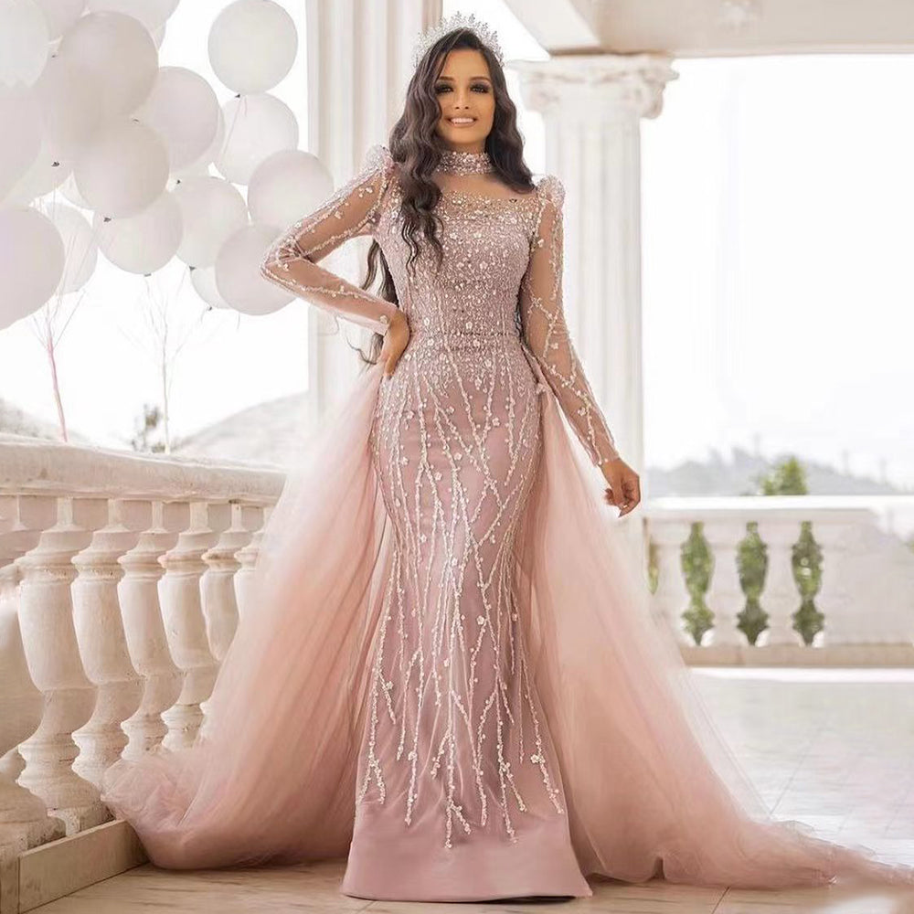 Muslim Pink Long Sleeve High Neck Luxury Beaded Evening Dresses Gowns 2025 Elegant Mermaid For Women Party LA71721