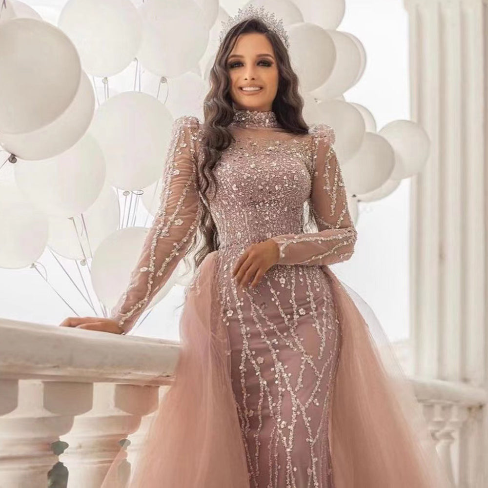Muslim Pink Long Sleeve High Neck Luxury Beaded Evening Dresses Gowns 2025 Elegant Mermaid For Women Party LA71721