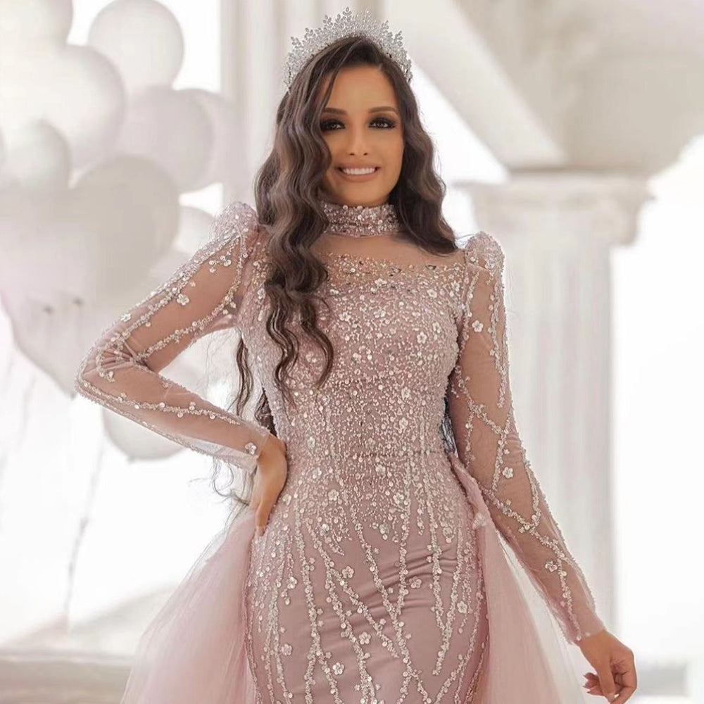Muslim Pink Long Sleeve High Neck Luxury Beaded Evening Dresses Gowns 2025 Elegant Mermaid For Women Party LA71721