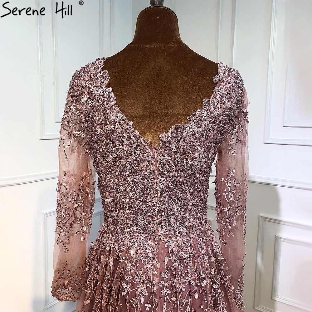 Muslim Pink Luxury Evening Dresses Gowns 2025 Long Sleeves Crystal A-Line For Women Party LA70729