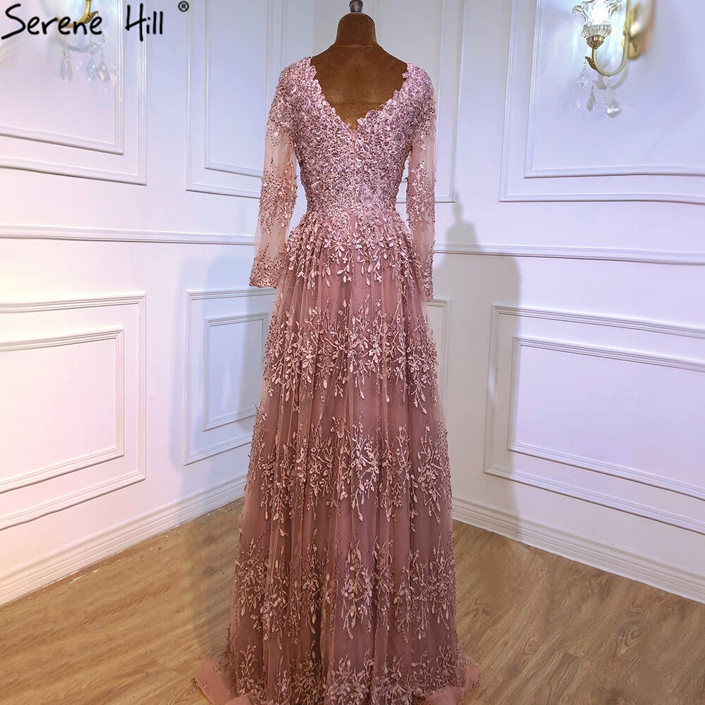 Muslim Pink Luxury Evening Dresses Gowns 2025 Long Sleeves Crystal A-Line For Women Party LA70729