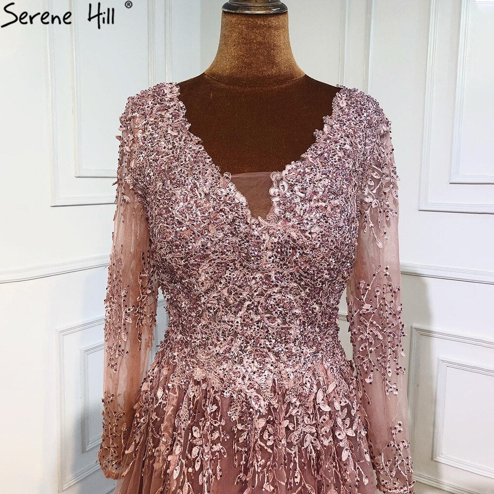 Muslim Pink Luxury Evening Dresses Gowns 2025 Long Sleeves Crystal A-Line For Women Party LA70729
