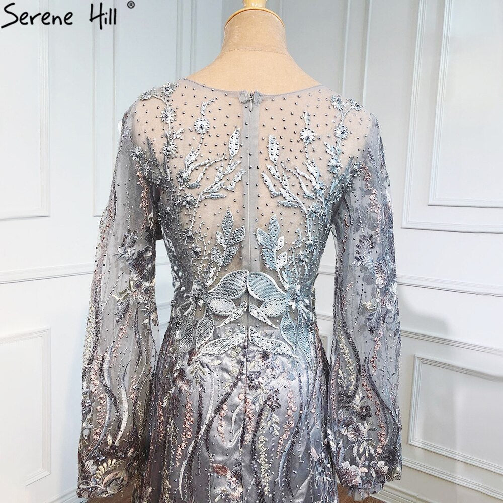 Muslim Pink Luxury Evening Gowns 2025 Flowers Crytsal Long Lantern Sleeves Formal Dress Design LA70779