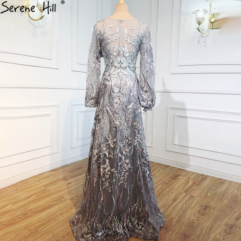 Muslim Pink Luxury Evening Gowns 2025 Flowers Crytsal Long Lantern Sleeves Formal Dress Design LA70779