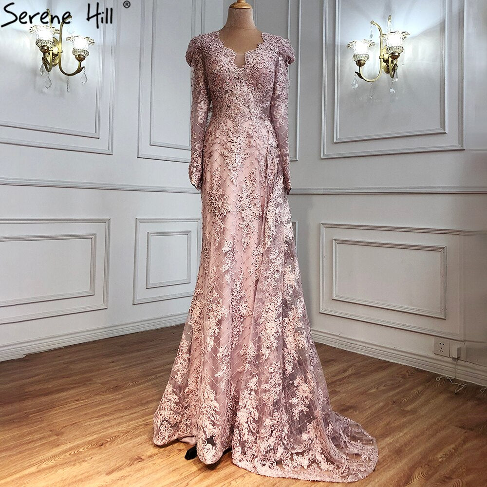 Muslim Pink Mermaid Lace Beaded Luxury Evening Dresses With Overskirt Gowns 2025 Crystal For Women Party LA71164