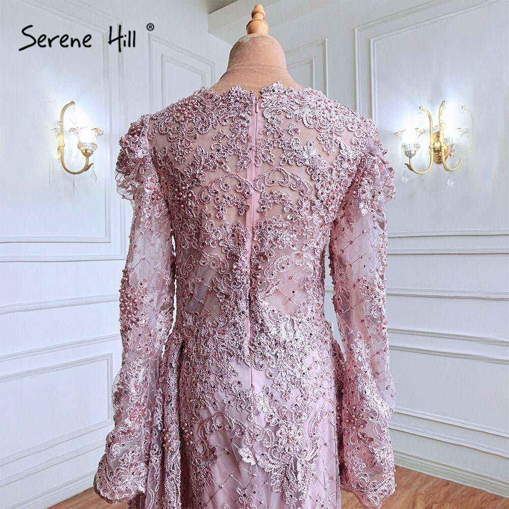 Muslim Pink Mermaid Lace Beaded Luxury Evening Dresses With Overskirt Gowns 2025 Crystal For Women Party LA71164