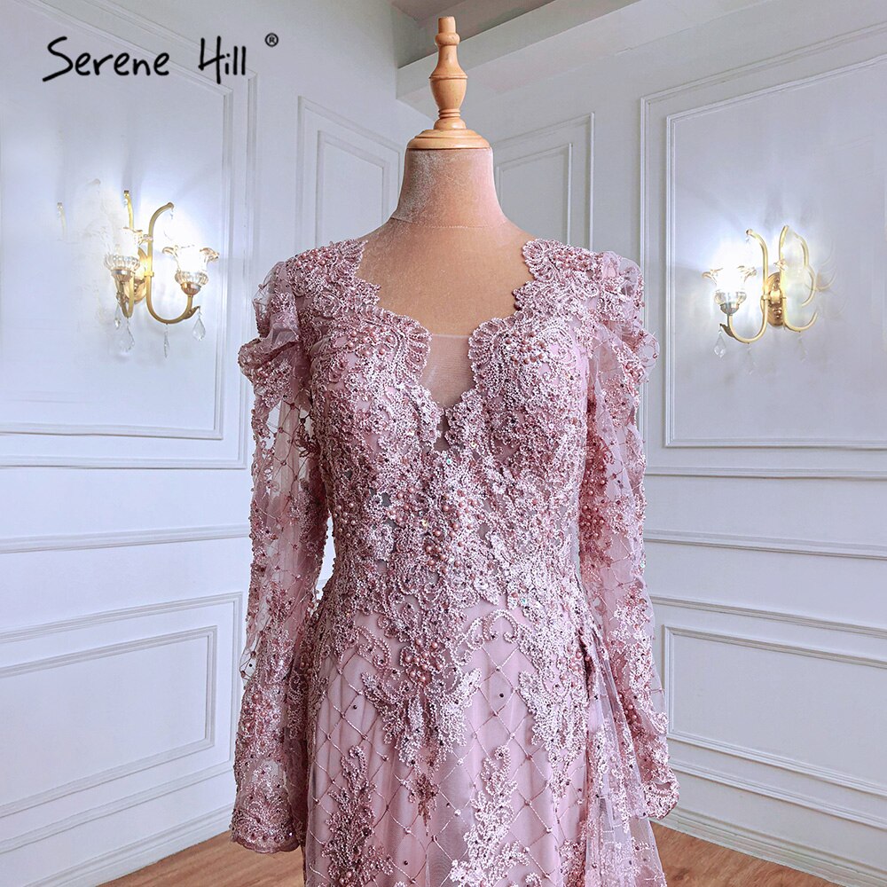 Muslim Pink Mermaid Lace Beaded Luxury Evening Dresses With Overskirt Gowns 2025 Crystal For Women Party LA71164