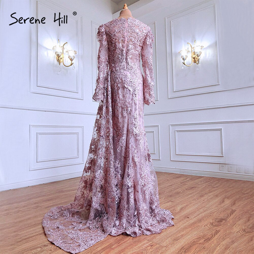 Muslim Pink Mermaid Lace Beaded Luxury Evening Dresses With Overskirt Gowns 2025 Crystal For Women Party LA71164